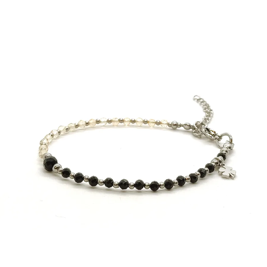 Bransoletka z koniczynką, Cytryn, Turmalin 16,5-20,5cm KAM1285 Stal chirurgiczna