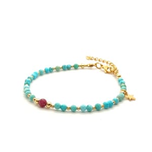 Bransoletka z gwiazdką, Rubin, Turkus - kamienie naturalne 17-21cm KAM1287 stal chirurgiczna pozłacana