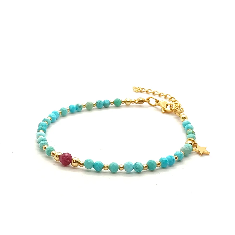 Bransoletka z gwiazdką, Rubin, Turkus - kamienie naturalne 17-21cm KAM1287 stal chirurgiczna pozłacana