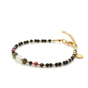 Bransoletka z liściem miłorzębu, Rubin, Kwarc różowy, Turmalin 16,5-20,5cm KAM1288 Stal chirurgiczna pozłacana