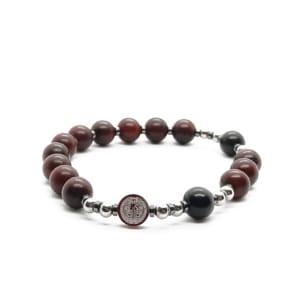 Bransoletka różaniec (10tka) Krzyż św. Benedykta, Drewno sandałowe mahoń 17cm D206 - Stal chirurgiczna