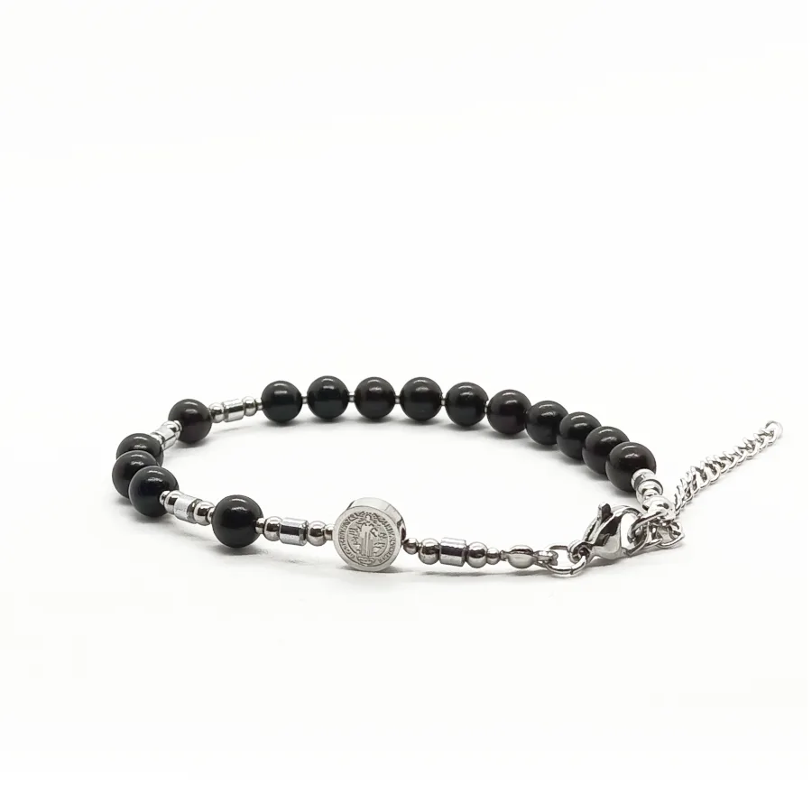 Bransoletka różaniec (10tka) Krzyż św. Benedykta, Drewno sandałowe 17-21cm D210 - Stal chirurgiczna