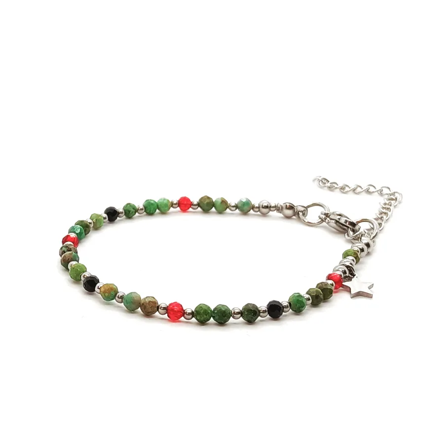 Bransoletka z gwiazdką Turmalin, Spinel, Turkus - kamienie naturalne 15-19cm KAM1279 stal chirurgiczna