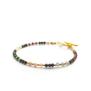 Bransoletka Malachit, Kwarc, Granat, Kamień słoneczny, Cytryn, Turmalin 19cm KAM1296 Stal chirurgiczna pozłacana