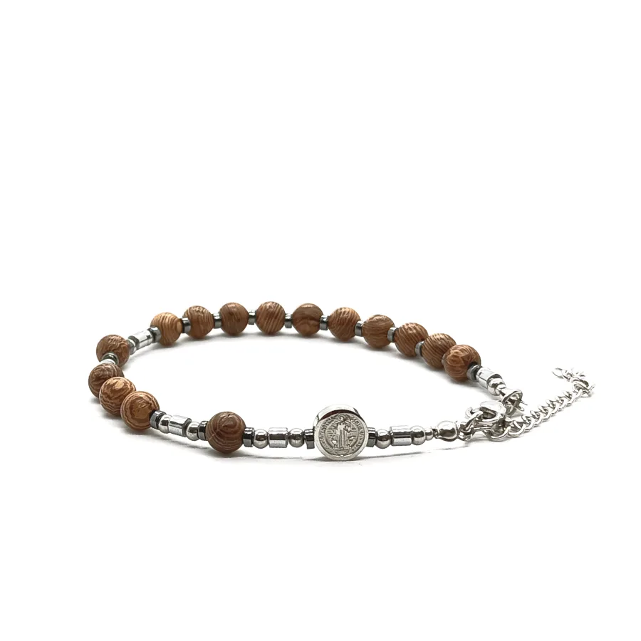 Bransoletka różaniec (10tka) Krzyż św. Benedykta, Drewno orzech 17,5-21,5cm D211 - Stal chirurgiczna