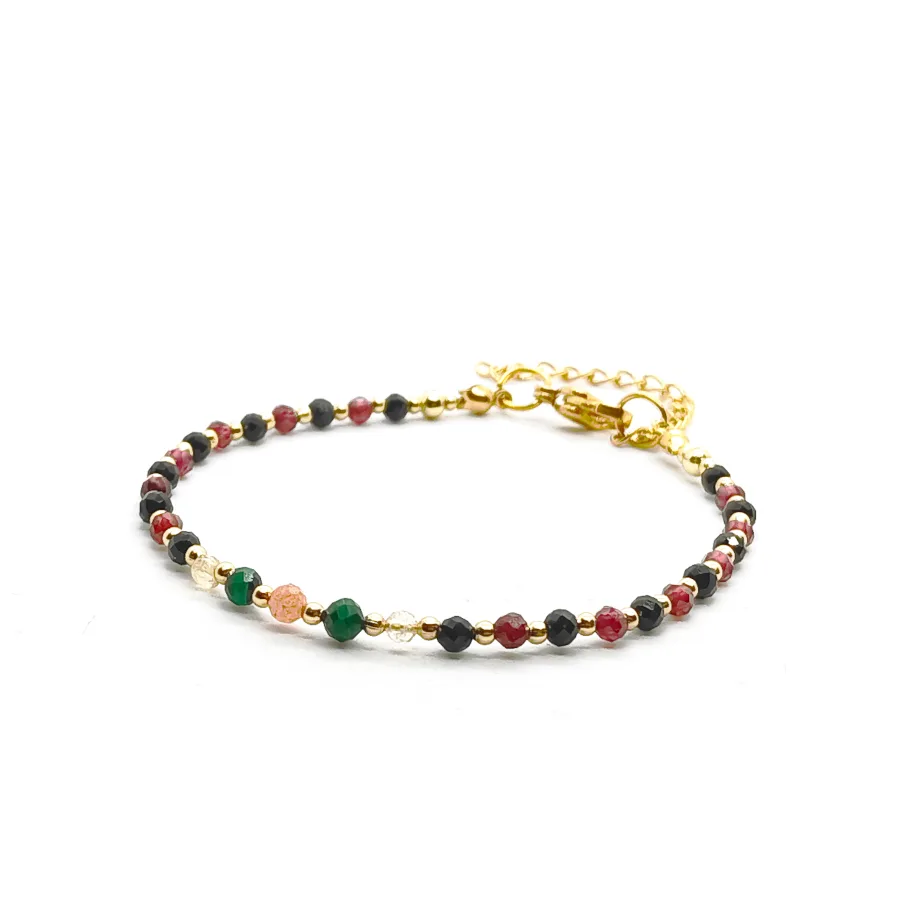 Bransoletka Malachit, Kamień słoneczny, Granat, Cytryn, Turmalin 17-21cm KAM1297 Stal chirurgiczna pozłacana