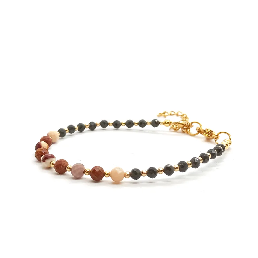 Bransoletka Jaspis Mokait, Złoty obsydian 17-21cm KAM1315 Stal chirurgiczna pozłacana