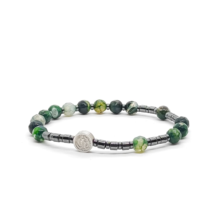 Bransoletka różaniec (10tka) Krzyż św. Benedykta, Agat ognisty zielony 15,5cm KAM1305 - Stal chirurgiczna