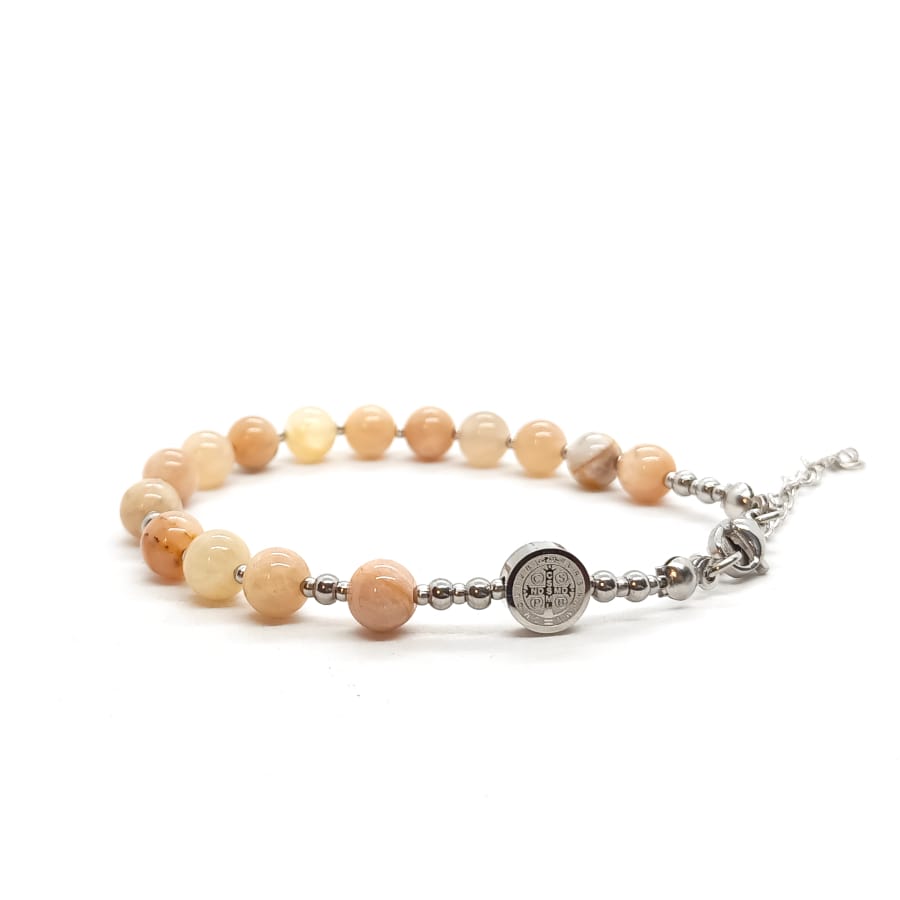 Bransoletka różaniec (10tka) Krzyż św. Benedykta, Kamień słoneczny 16-20cm KAM1313 - Stal chirurgiczna