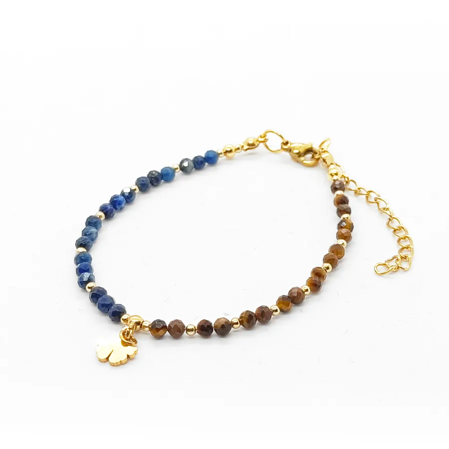 Bransoletka z liściem miłorzębu, Lapis lazuli, Tygrysie oko 16-20cm KAM1346 Stal chirurgiczna pozłacana